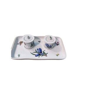 Antique Meissen White Porcelain Floral Design Ink Well Desk Set Condiment Tray